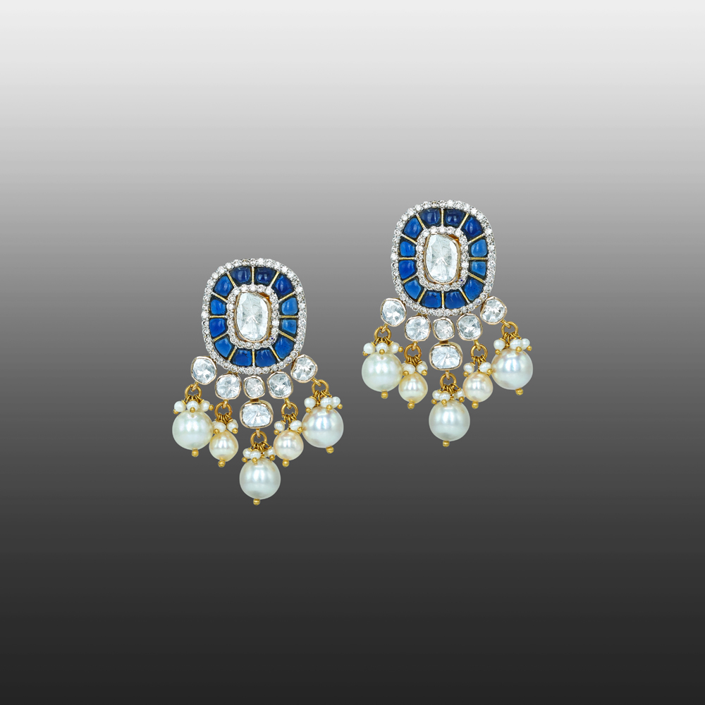 Polki Earrings with Blue Talaf and Pearl Clusters